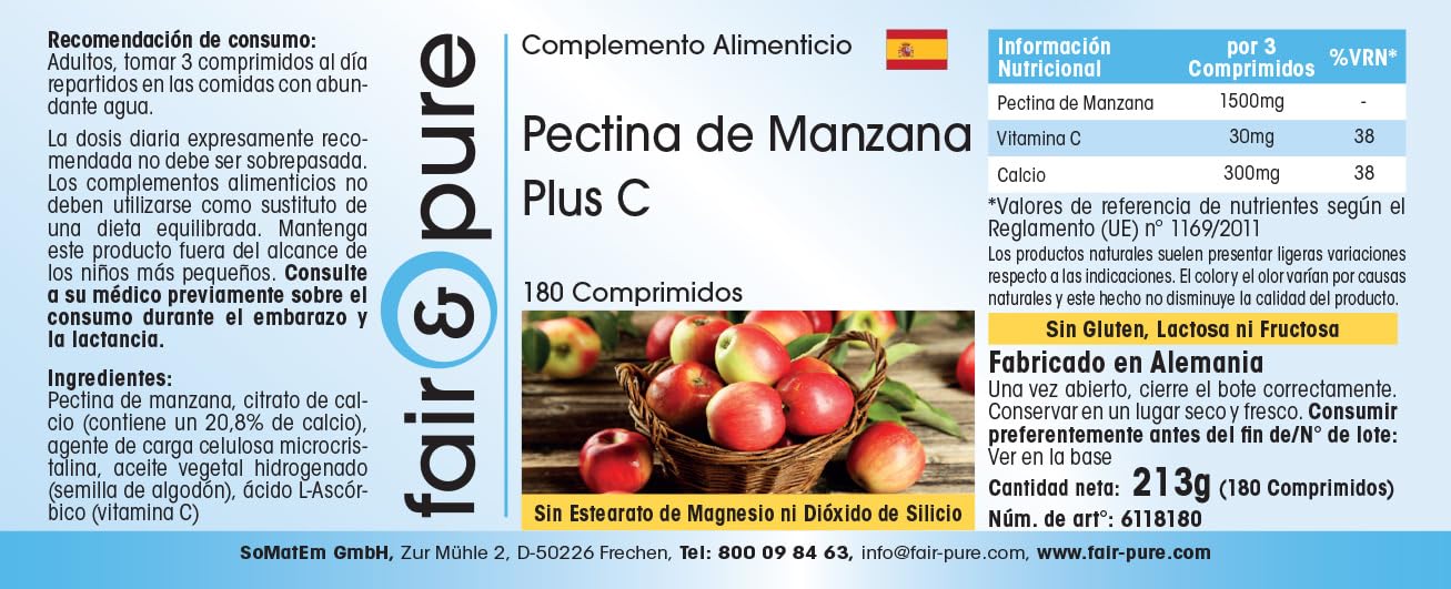 Fair & Pure® - Pectine de Pomme Plus C et calcium - Végan - fibres naturelles - 180 comprimés - emballage pour 2 mois