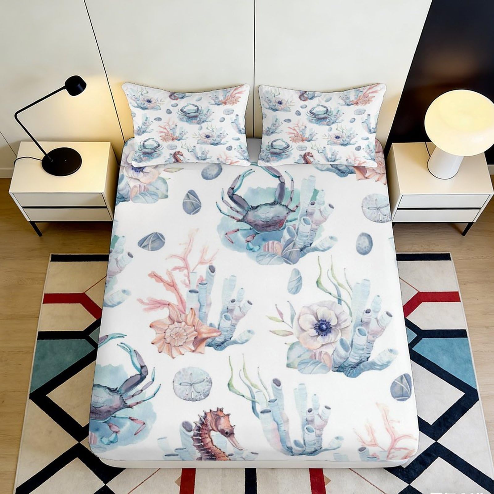 3D Printed Ocean Seashell Fitted Sheet Microfiber Non-Slip Deep Pocket Nautical Mattress Fitted Cover for Bedroom 200x200x25cm 90x200x25cm