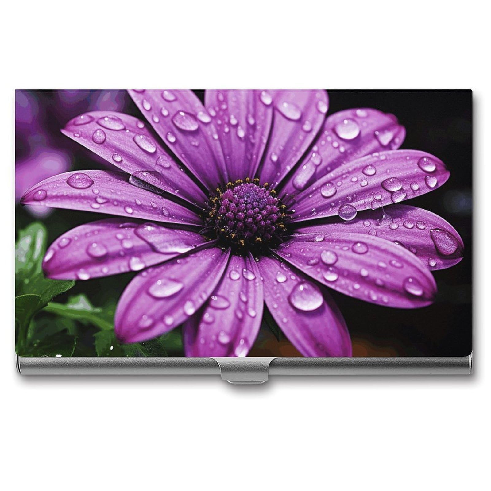 BTCOWZRV Purple Daisy Business Card Holder Metal Slim Business Card Case, Pocket Card Holder for Men Women Purse Name Card Holder Stainless Steel Wallet Credit ID Case for Office