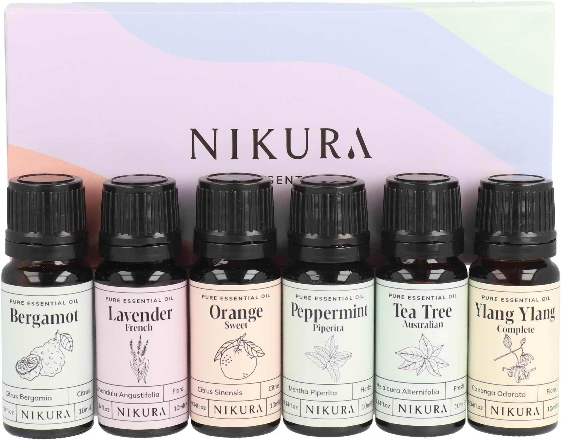 Nikura Best Sellers Essential Oil Gift Set - 6 x 10ml | Essential Oils for Diffusers for Home, Aromatherapy, Sleep, Cleaning, Skin, Spiders | Lavender, Sweet Orange, Peppermint, Tea Tree & Ylang Ylang