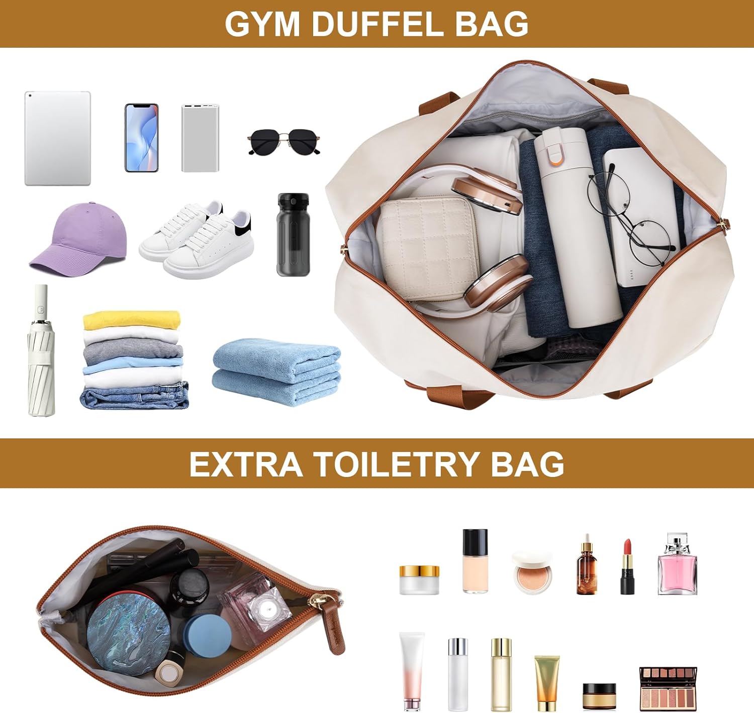 MOSISO Gym Bag for Women, Travel Duffle Weekender Overnight Workout Carry on Gym Duffle Bag with Toiletry Pouch&Shoe Compartment&Wet Pocket&Front Pocket for Fitness, Yoga, Weekend, Beige - Image 4