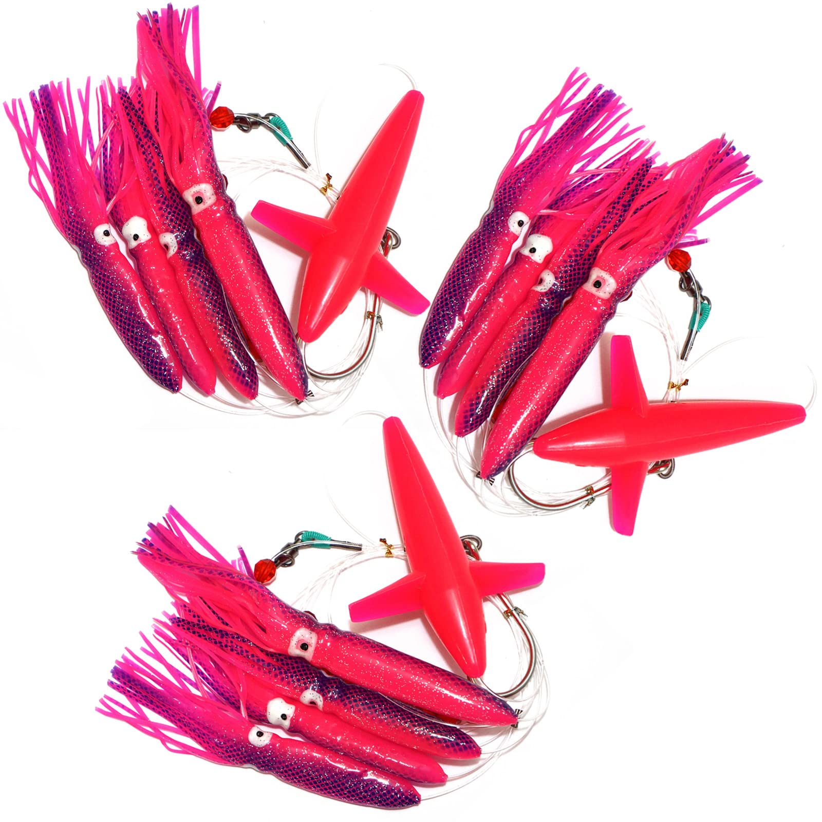 Qty 3 Fish WOW! Pink Fishing Daisy Bird Chain Squid Rig Teaser Trolling Lure