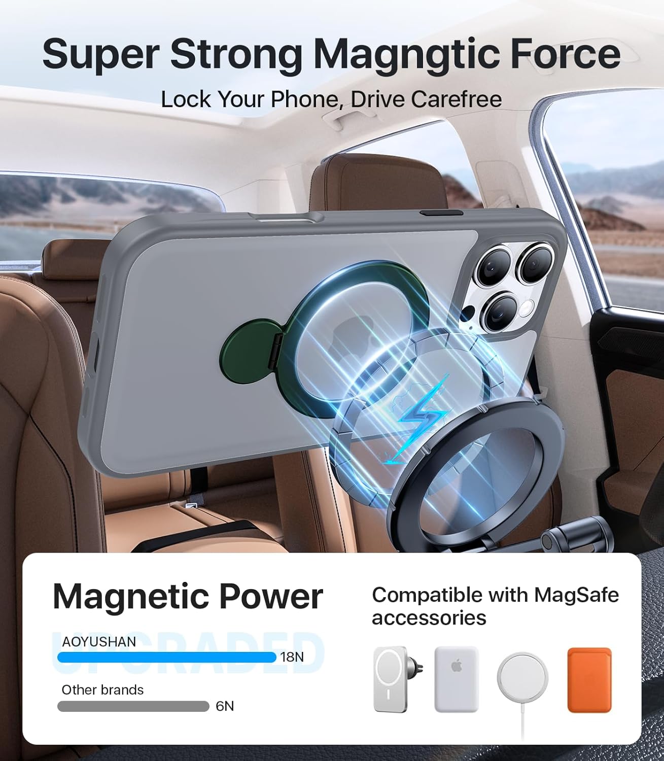 Upgraded 360° Rotatable Magnetic Stand for iPhone 16 Pro Max Case, Compatible with MagSafe, Military Drop Protection for iPhone 16 Pro Max Case Ring Kickstand 6.9 inch, Gray