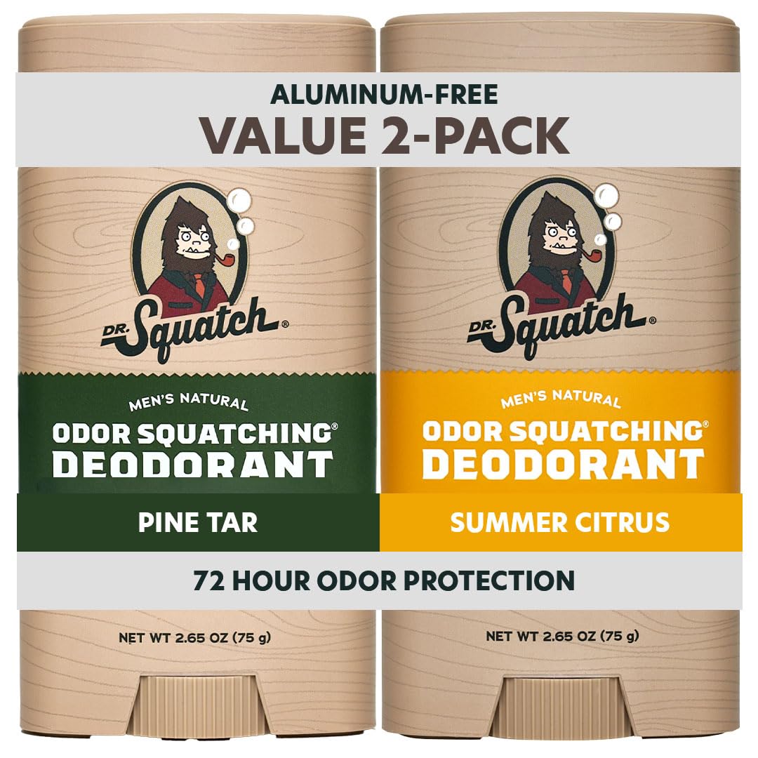 Dr. Squatch Natural Men’s Deodorant – Aluminum Free Natural Deodorant Men with Charcoal & Postbiotics for 72-Hour Odor Protection – Pine Tar + Summer Citrus, 2.65oz Stick (2-Pack)
