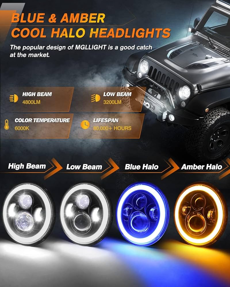 Amazon.com: MGLLIGHT 7 Inch LED Headlights with Blue Halo