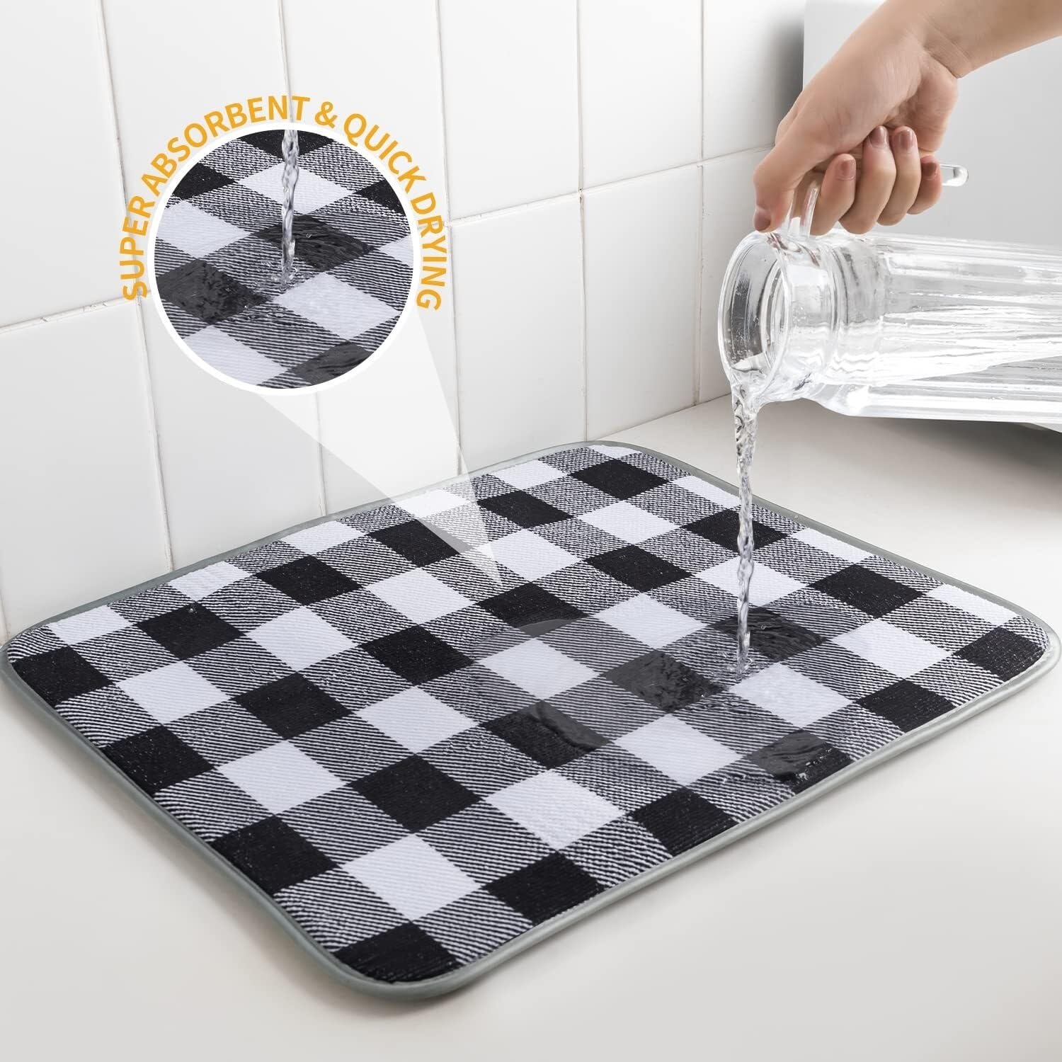 Dwustronne maty do suszenia naczyń z mikrofibry super chłonne podkładki do suszenia naczyń na blacie kuchennym 40 cm x 45 cm czarno-biały wzór siatki