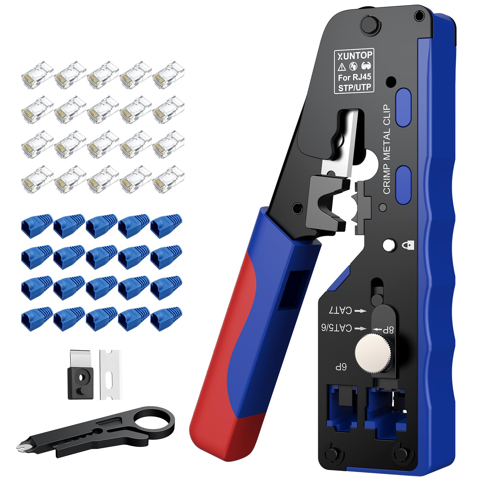XUNTOP Pass Through RJ45 Crimp Tool Kit for Cat5 Cat6 Cat6A Cat7 All-in-One RJ45 Crimp Tool Kit with 20 Cat6 Pass-Through Gold-Plated Connectors for Cutting Stripping Crimping Ethernet Cables