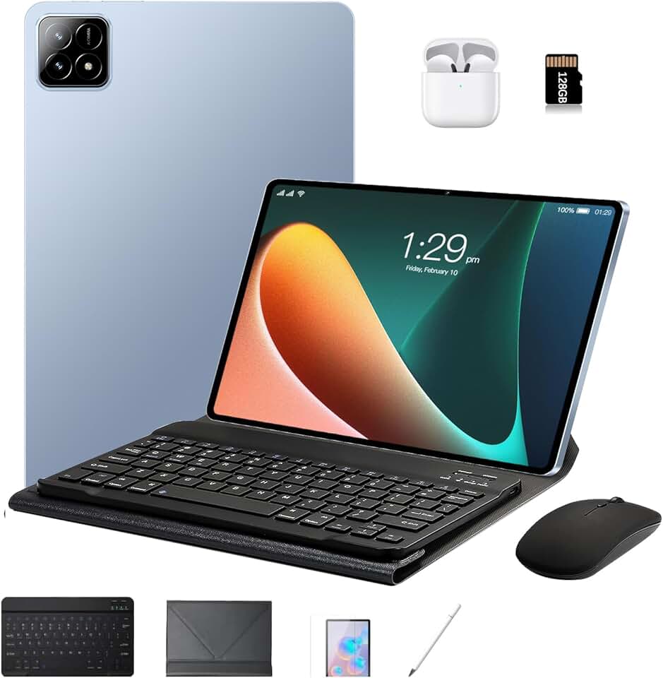 Tablet 3 em 1, 10,1 polegadas, Android 14, 16 GB + 512 GB, versão Wi-Fi, câmeras de 8 MP + 16 MP, GPS, Bluetooth, bateria de 8800 mAh, com capa protetora, teclado, mouse e cartão de memória. (Azul)