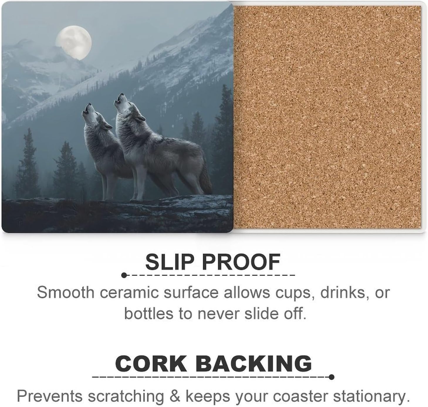 Howling Wolf Print Coaster for Drinks Square Ceramic Table Coasters Stone Mat Crafts 6PCS Home Kitchen Decor