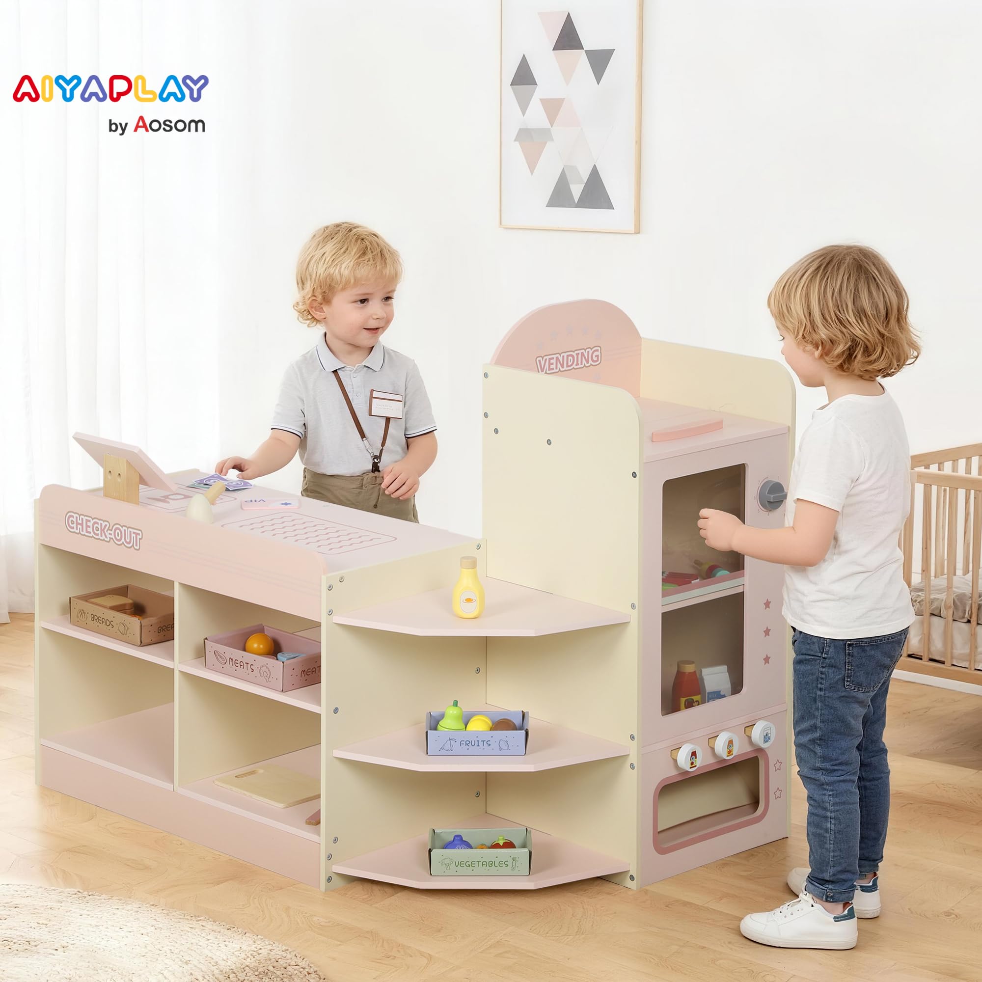 AIYAPLAY Sklepik dla dzieci z kasą skanerem półkami od 3 lat Różowy
