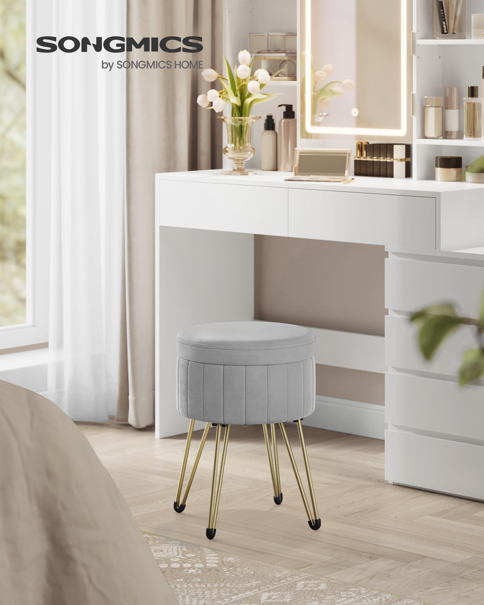SONGMICS Sgabello Pouf Contenitore, Cassapanca Rotonda, Sgabello Toeletta in Velluto, 39 x 44,4 cm (Diam. x A), 4 Gambe in Metallo, Soggiorno Camera da Letto, Grigio Tortora LOM003G02