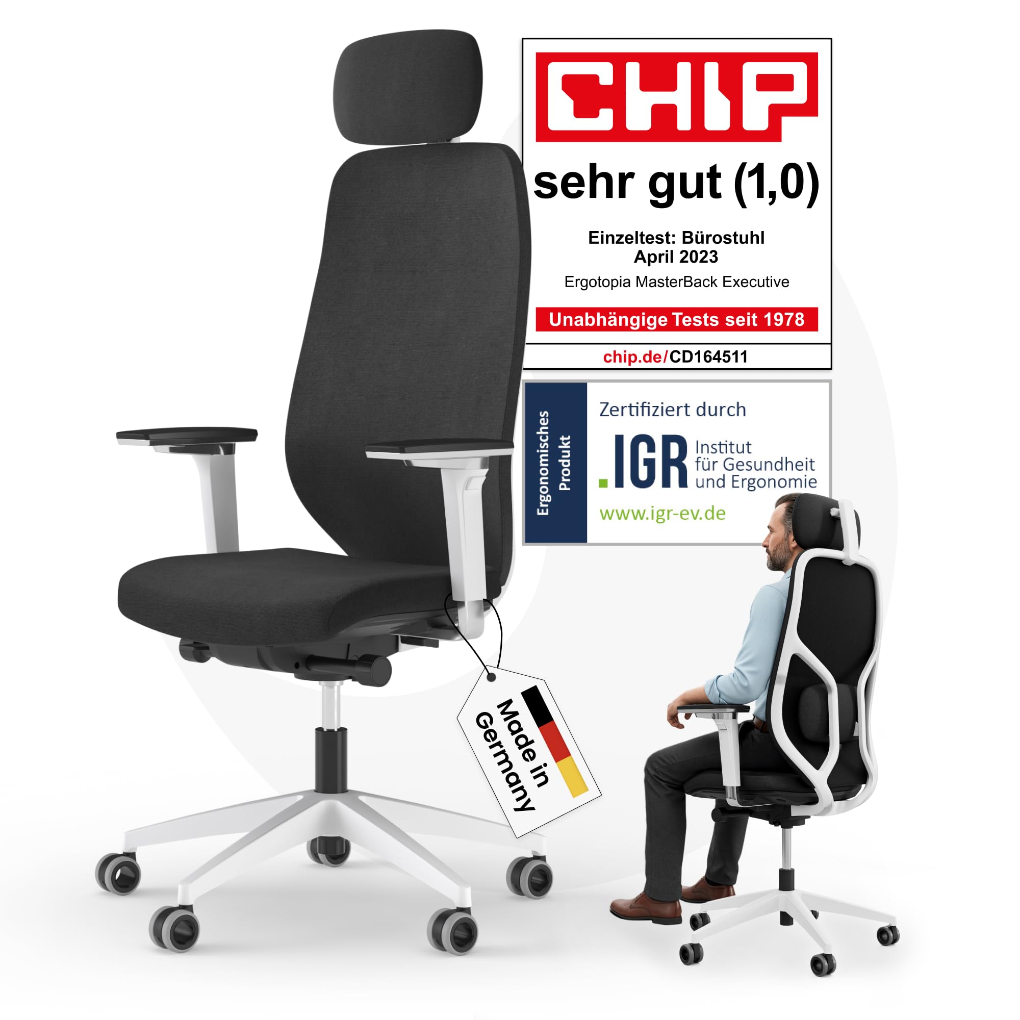 Ergotopia MasterBack Pro ergonomischer Bürostuhl [TESTSIEGER] – Schreibtischstuhl ergonomisch mit 3D-Neigungsmechanik & 5D-Armlehnen – Perfekt als Drehstuhl für Büro & Home Office