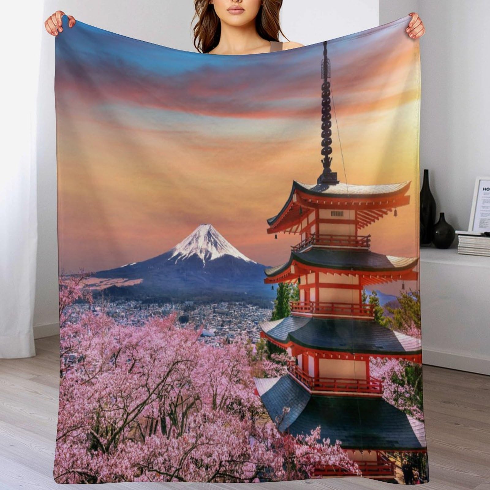 Couvertures en flannel de confort au salon devant le Mont Fuji