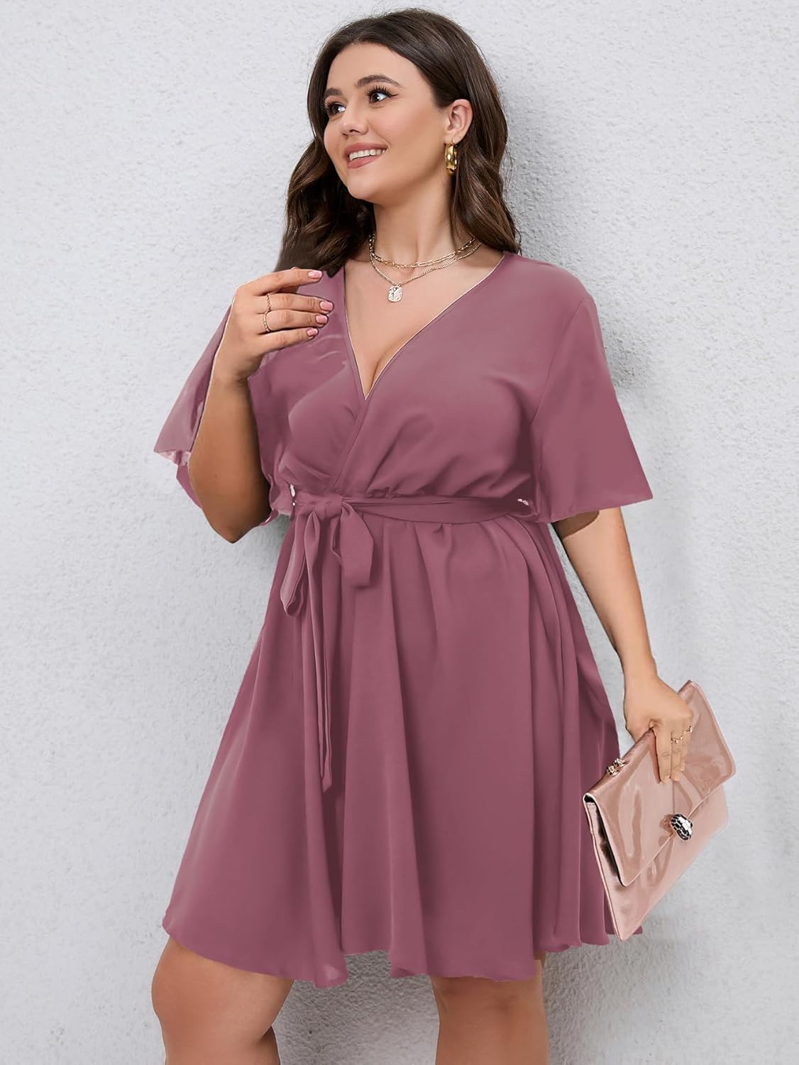 SCOMCHIC Women's Plus Size Summer Dresses Short Sleeve Wrap V Neck A Line Skater Mini Short Dress XL-4XL - Image 3