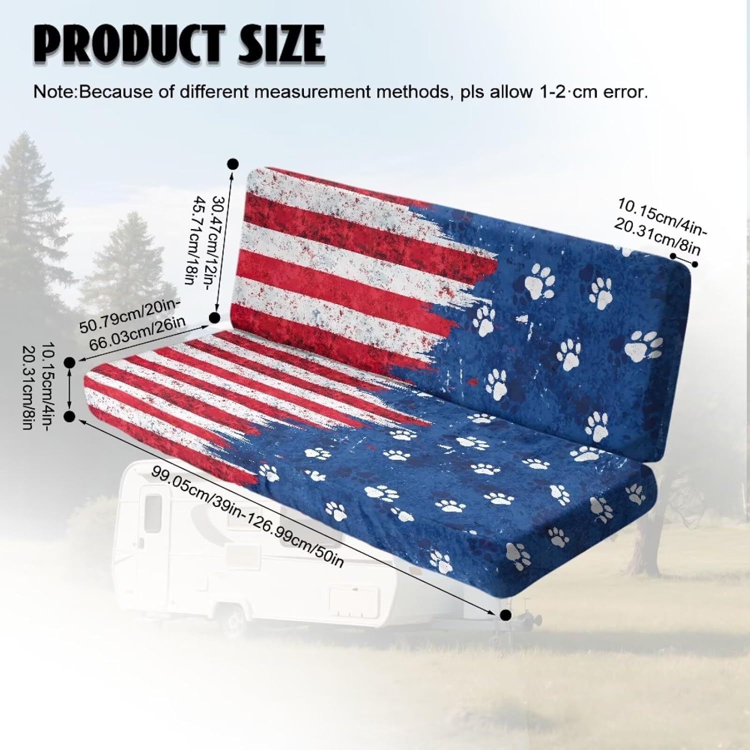 Flannel RV Dinette Cushion Covers Booth Set RV Seat Couch Sofa Camper Cushion Covers Washable Slipcover,1 Backrest Cover & 1 Bench Cover,Distressed American Flag Paw Print