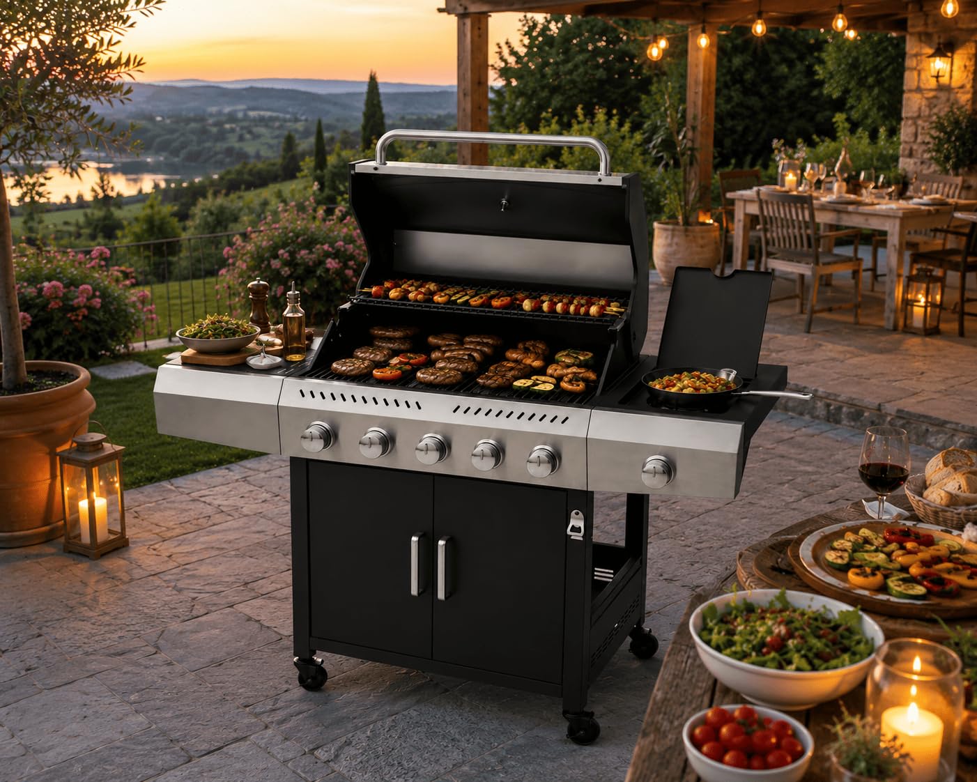 Barbecue a Gas Professionale XXL Da 19 kW con 6 Bruciatori in Acciaio Inox 304 Con Fuoco Laterale Termometro Coperchio Doppio Griglia Di Cottura 70 x 42 Cm Scaldavivande Ruote 140 × 50 × 120 Cm Nero