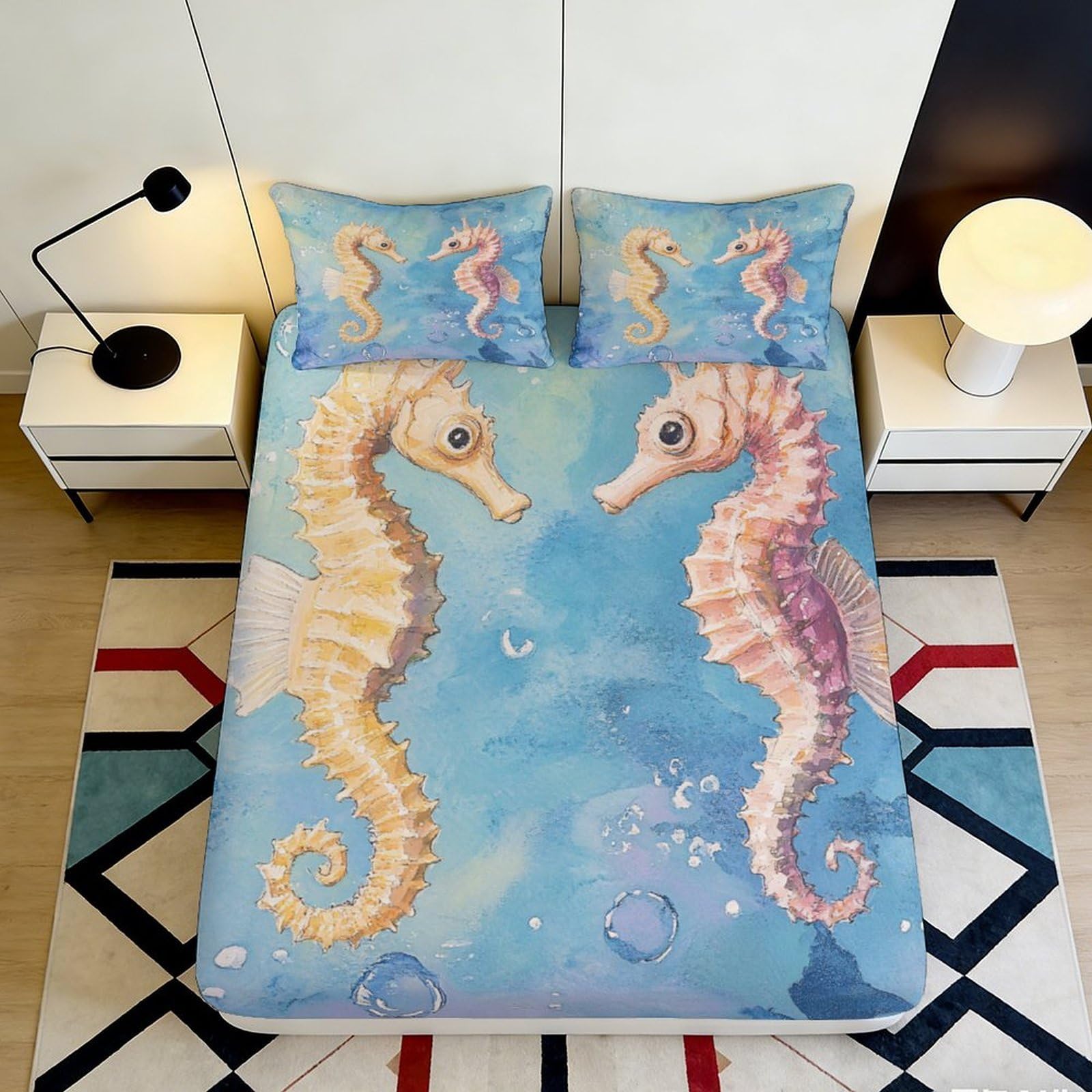 3D Printed Ocean Blue Seahorse Fitted Sheet Microfiber Soft Mattress Cover for Bedroom Dorm Decor Protection 90x200x25cm