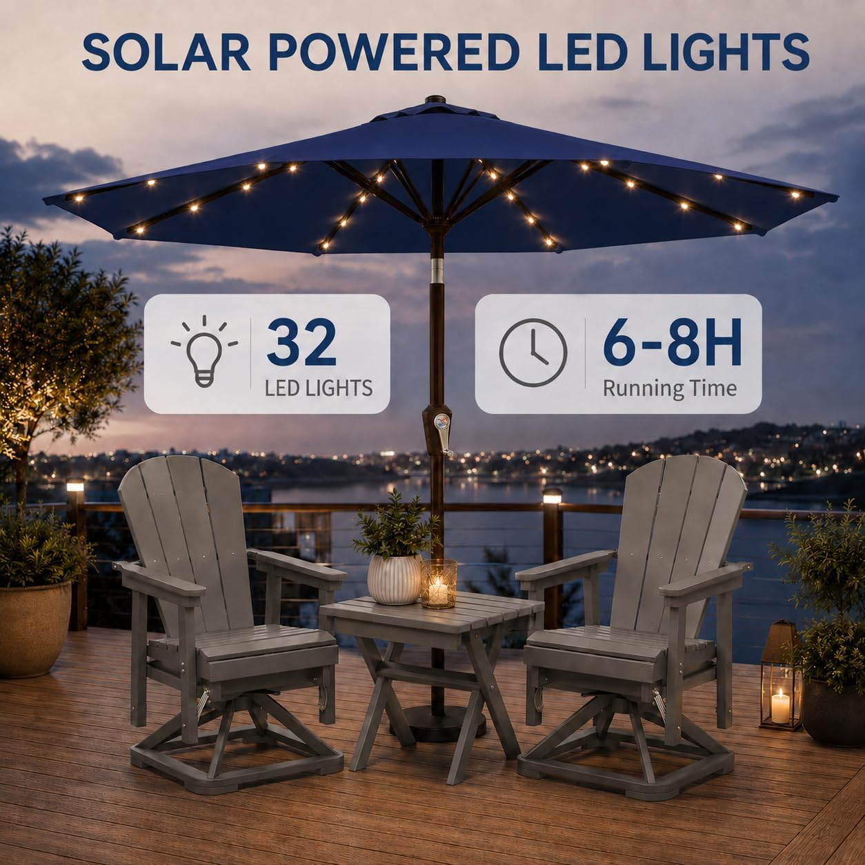 10FT Solar Patio Umbrella with Lights, Outdoor Table Market Umbrella with 32 LED Lights, 8 Sturdy Ribs, Push Button Tilt and Crank for Pool, Deck and Garden, UV-Resistant