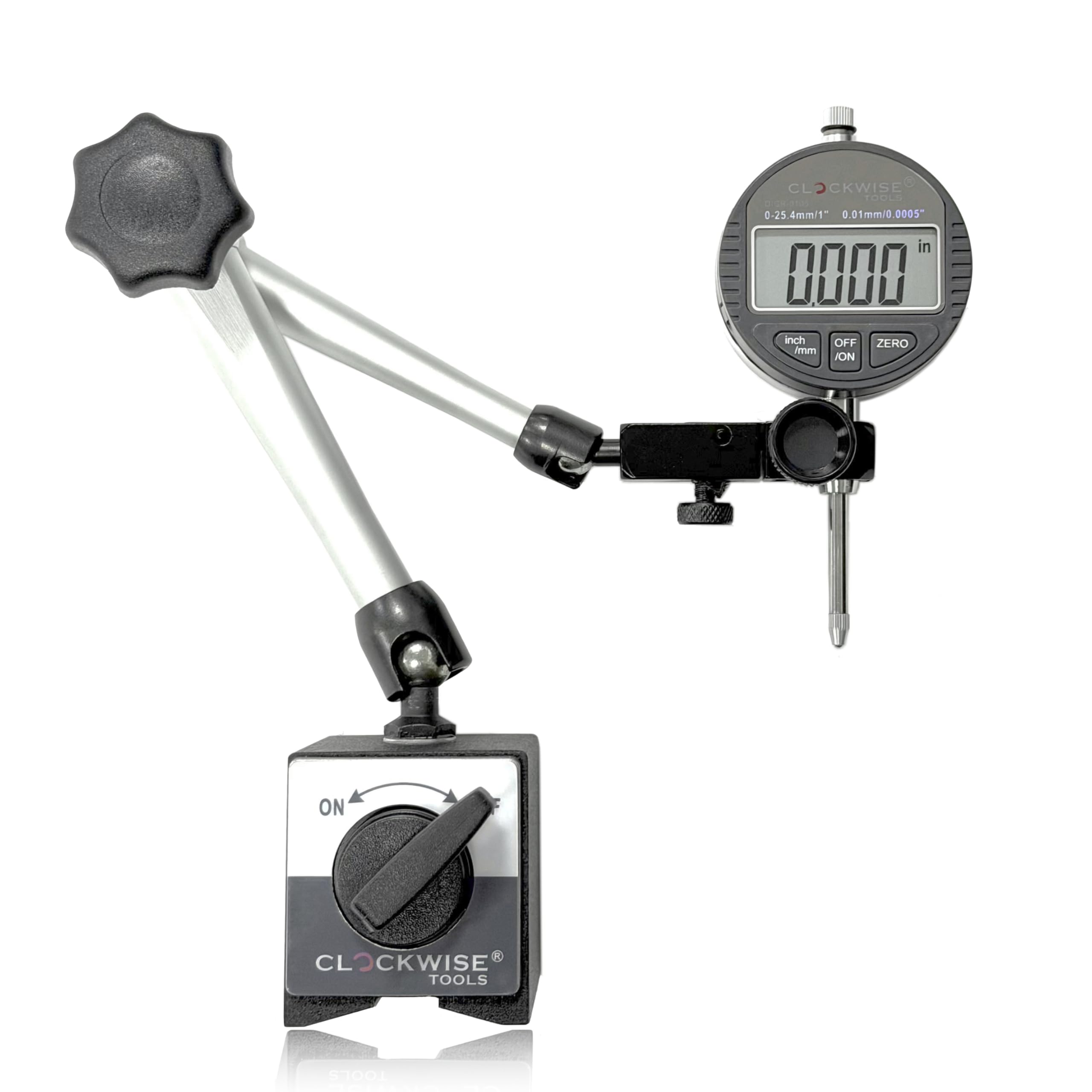 Clockwise Tools DIBR-0105 Electronic Digital Dial Indicator Gage Gauge and Magnetic Base (0-1in/25.4mm)