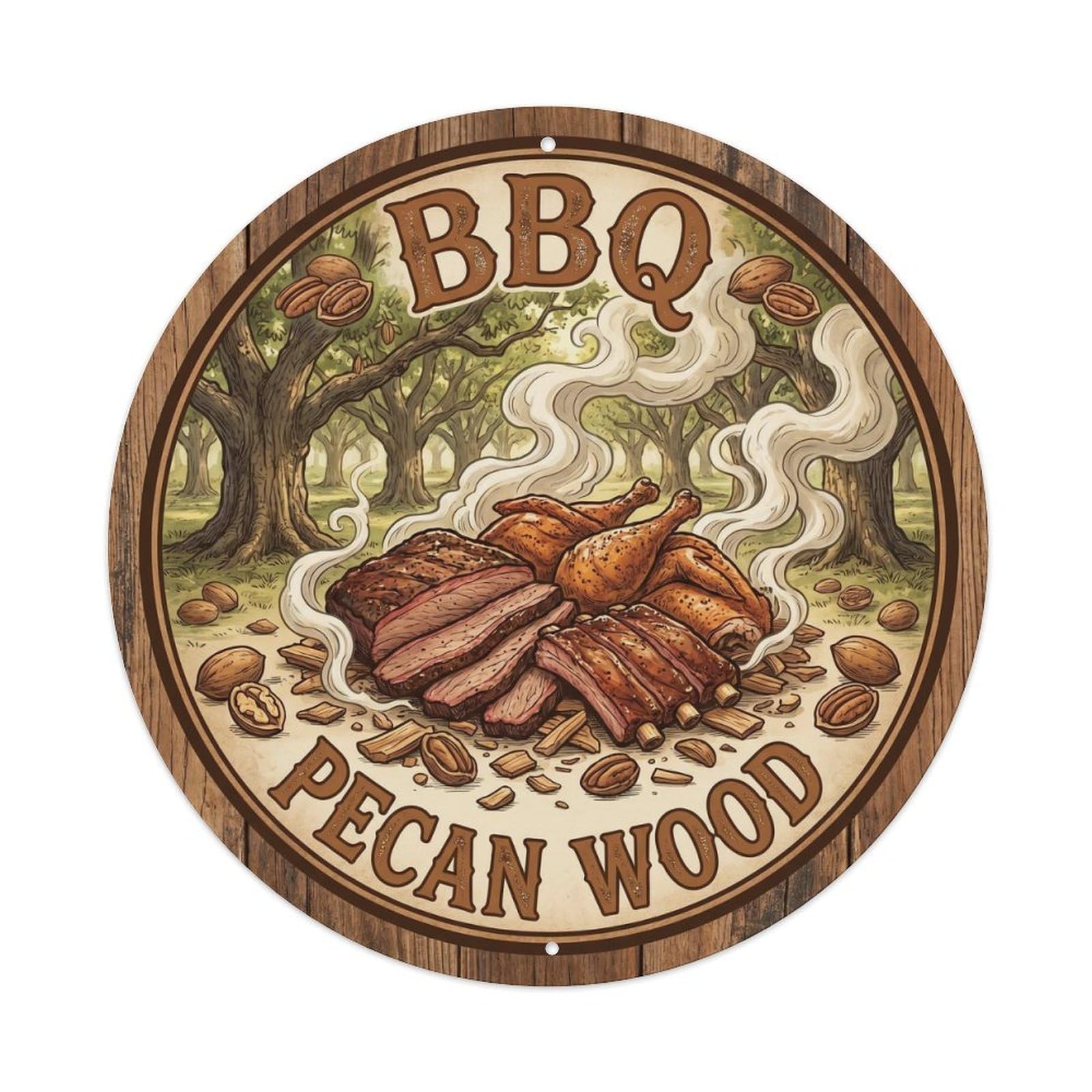 BBQ Barbecue Pecan Wood Vintage Metal Tin Sign Plaque Wall Decor for Cafe, Club, Garden Round Metal Poster 8x8Inch