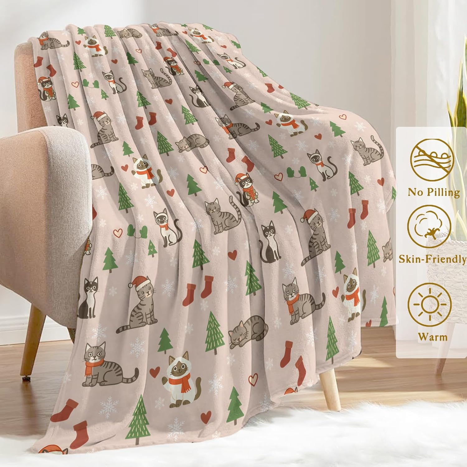Cat Christmas Decorative Throw Blanket, Cute Kitten Tree Sock Snowflake Print Decoration, Soft Flannel Winter Blankets for Couch Bed Sofa, Holiday Home Decor, Xmas Festival Gifts 50x60 Inch