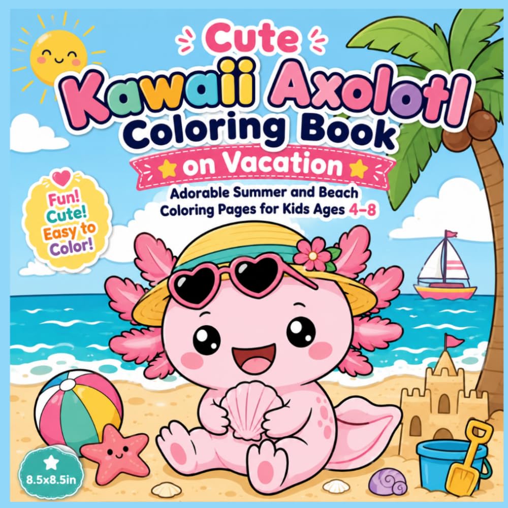 Cute Kawaii Axolotl Coloring Book on Vacation: Adorable Summer and Beach Coloring Pages for Kids Ages 4–8