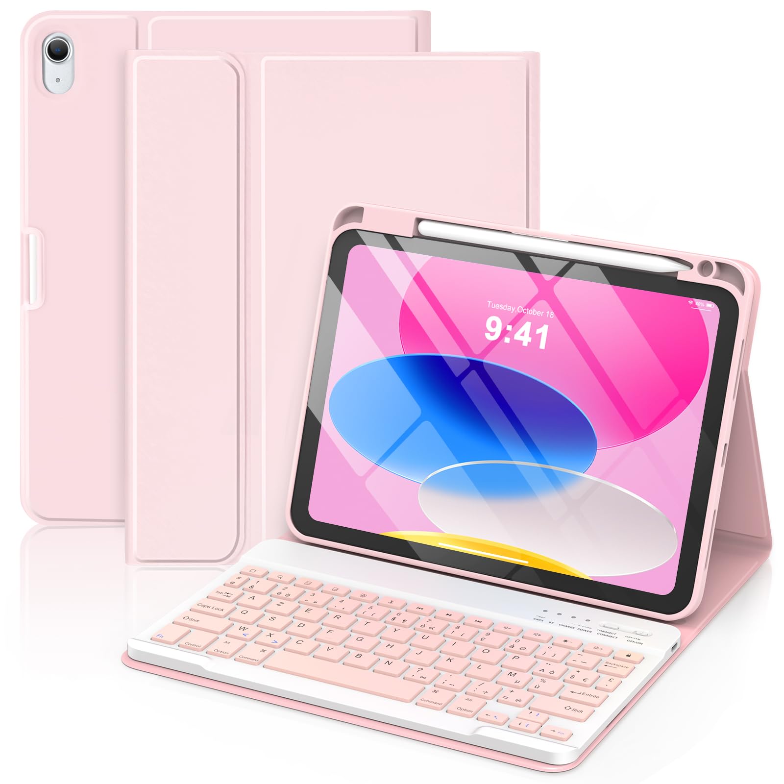 GAOJIE Coque Clavier pour iPad 11e Génération A16 2025/10e Génération 10,9 Pouces 2022, Coque de Protection avec Porte-Crayon, AZERTY Clavier Français Détachable sans Fil pour iPad 11/10.9''(Rose)