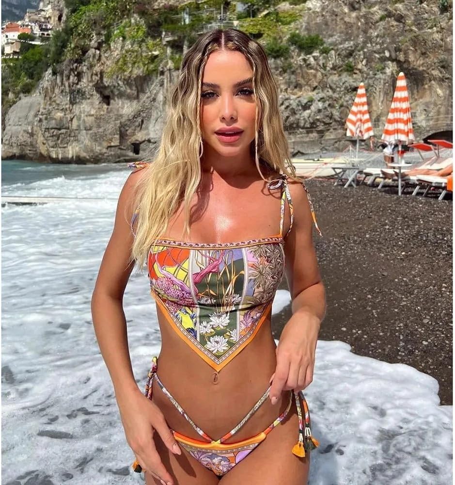 SuPa Two Piece Swimsuit for Women Boho Bikini Adjustable Ties Triangle Top with Side Tie Sexy Thong