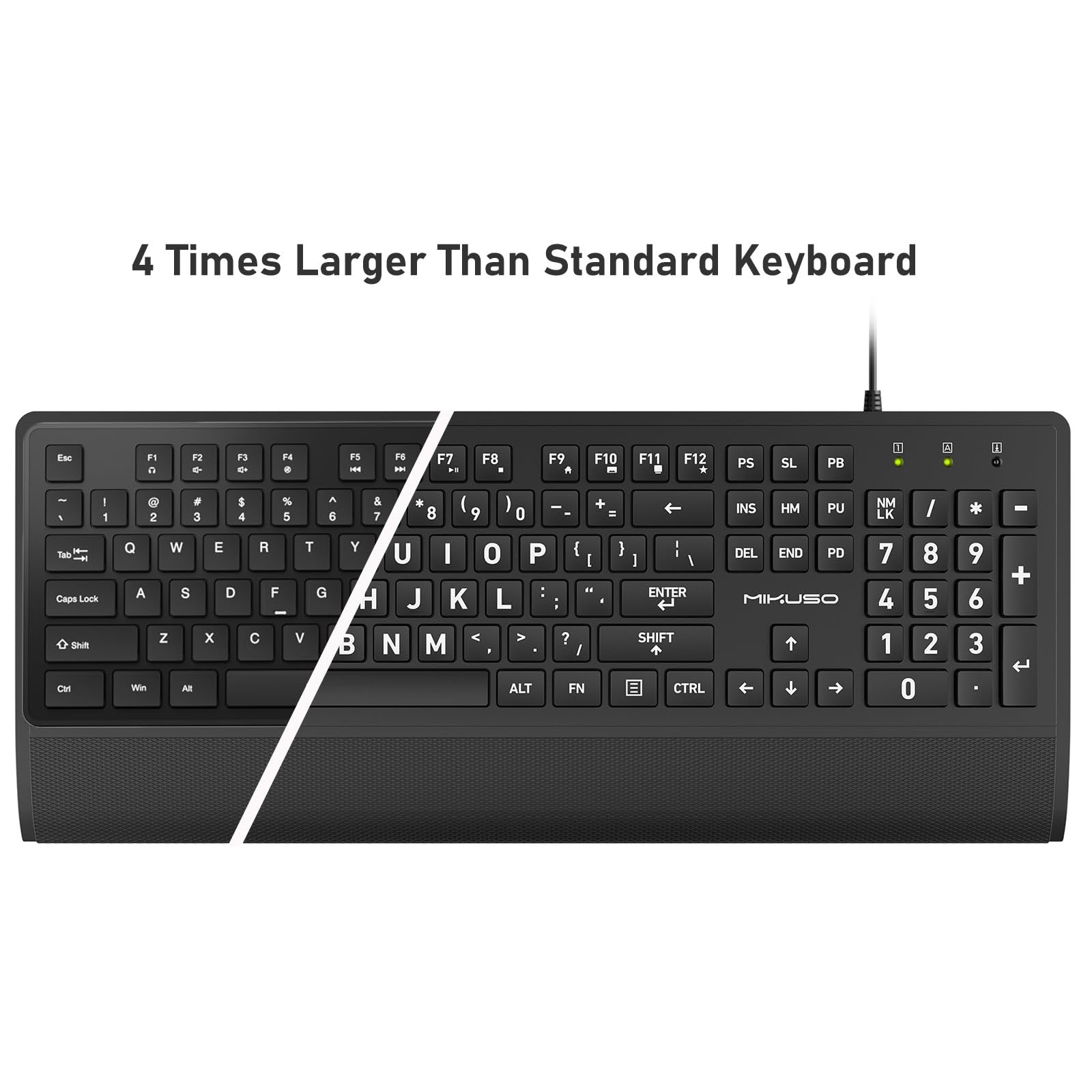 Grande tastiera per computer, con cavo, USB, con coperchio, poggiapolsi, lettere chiave sovradimensionate per ipovedenti e ipovedenti, facile da vedere e digitare per laptop, PC, Windows