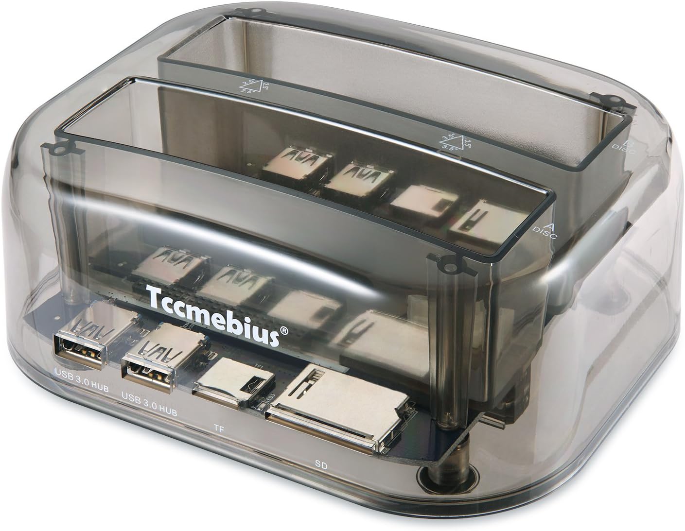 TCC-S865 USB 3.0 to SATA IDE Dual Slots External Transparent Hard Drive Docking Station with Card Reader and 2 Ports USB 3.0 Hub for 2.5 3.5 Inch IDE SATA I/II/III HDD SSD