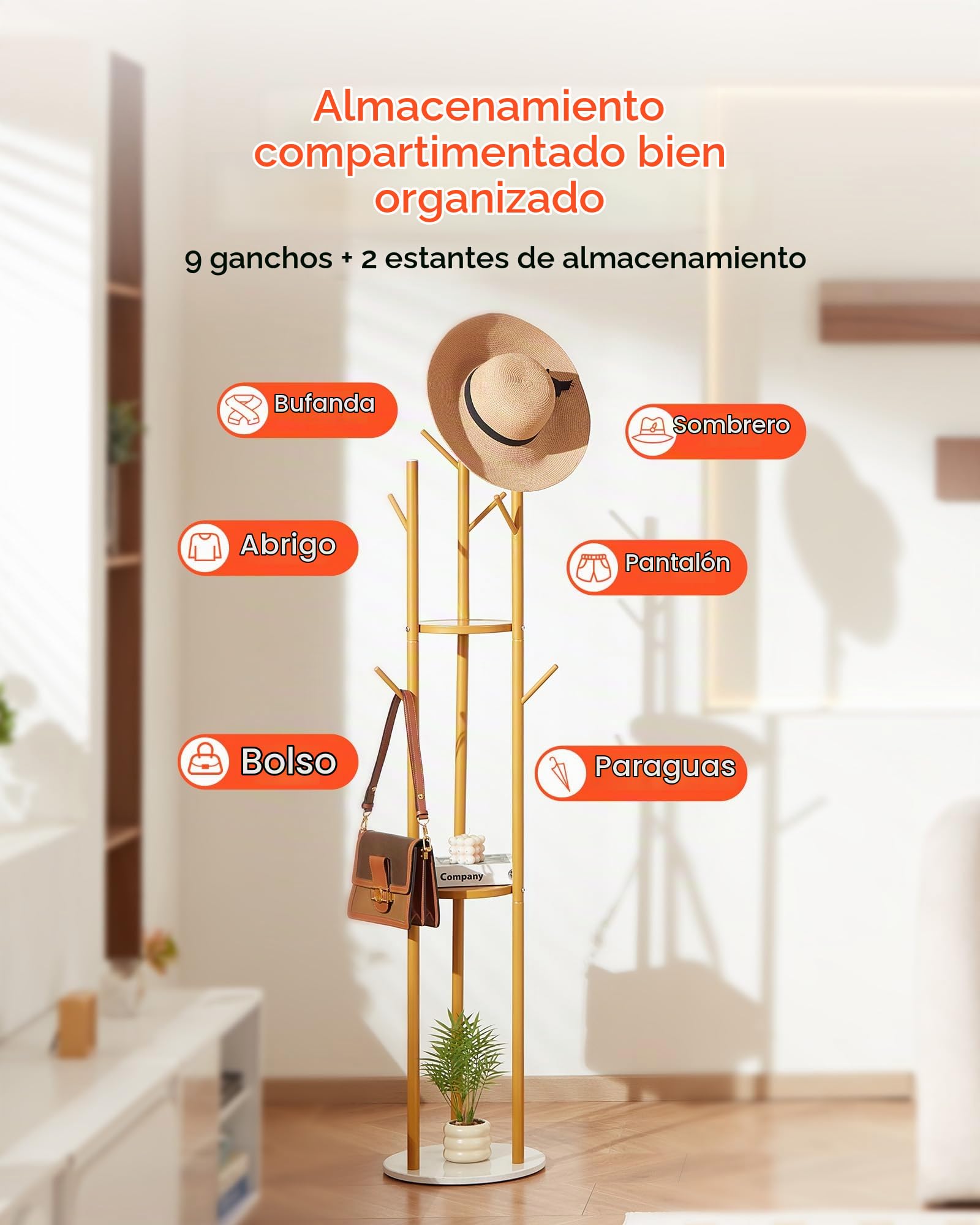 VEVOR Perchero de Pie con Base de Cuarzo y 9 Ganchos, Ideal para Entrada, Dormitorio, Oficina y Sala de Estar, Perchero Moderno para Abrigos, Sombreros, Bufandas y Bolsos, 340 x 340 x 1700 mm