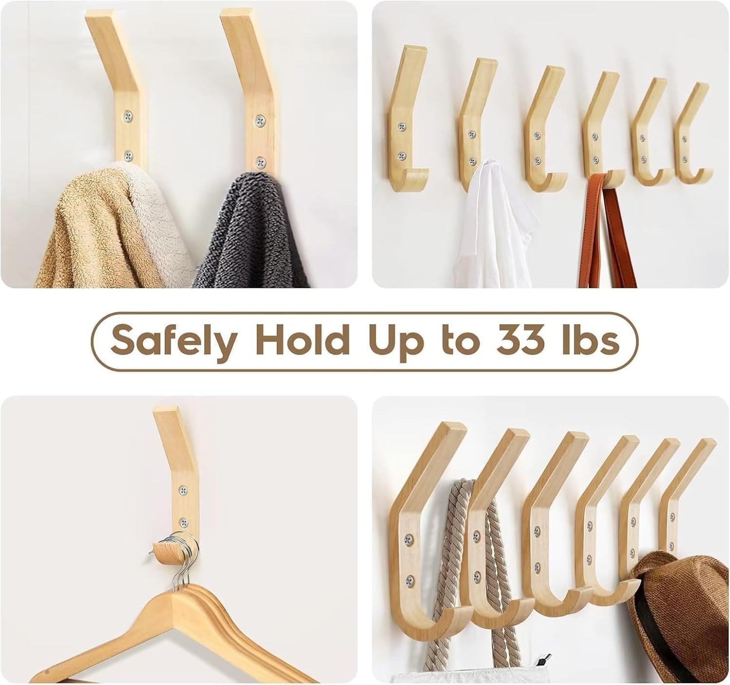 Wooden Wall Hooks for Coats, Natural Wood, Single Hook, 6.1in, Screw-Mount, Set of 4, Entryway Hanger