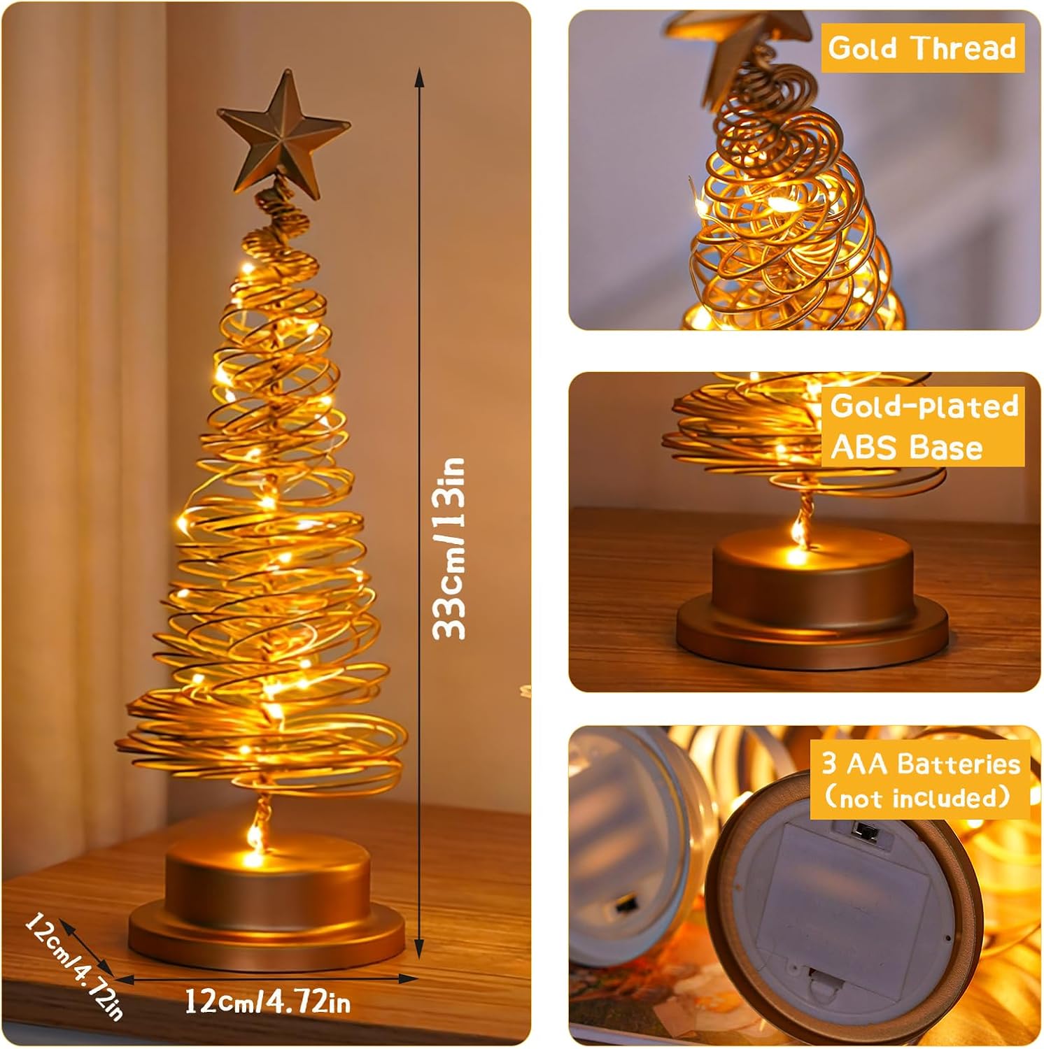 Christmas Tree Table Lamp, LED Christmas Spiral Night Light with Glittering Star, Battery Operated Table Decoration Light for Indoor Outdoor Restaurant Commercial Event Xmas Night (Gold)