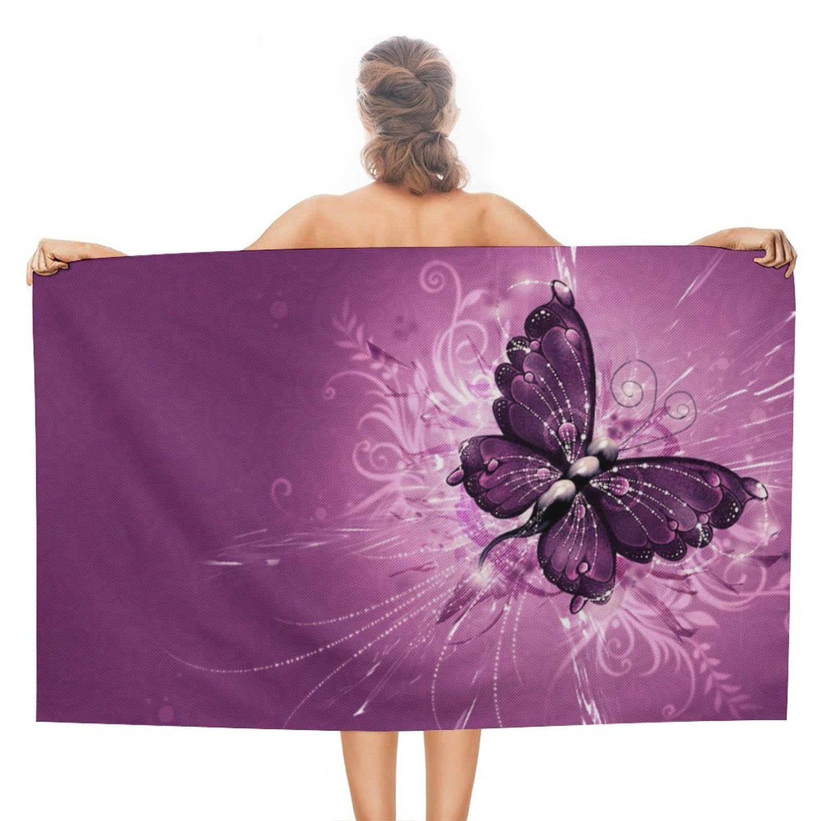 LEDFCVSU Beach Towel, Purple Butterfly Art Bath Towel, Absorbent Towel for Swimming, Sports, Travel