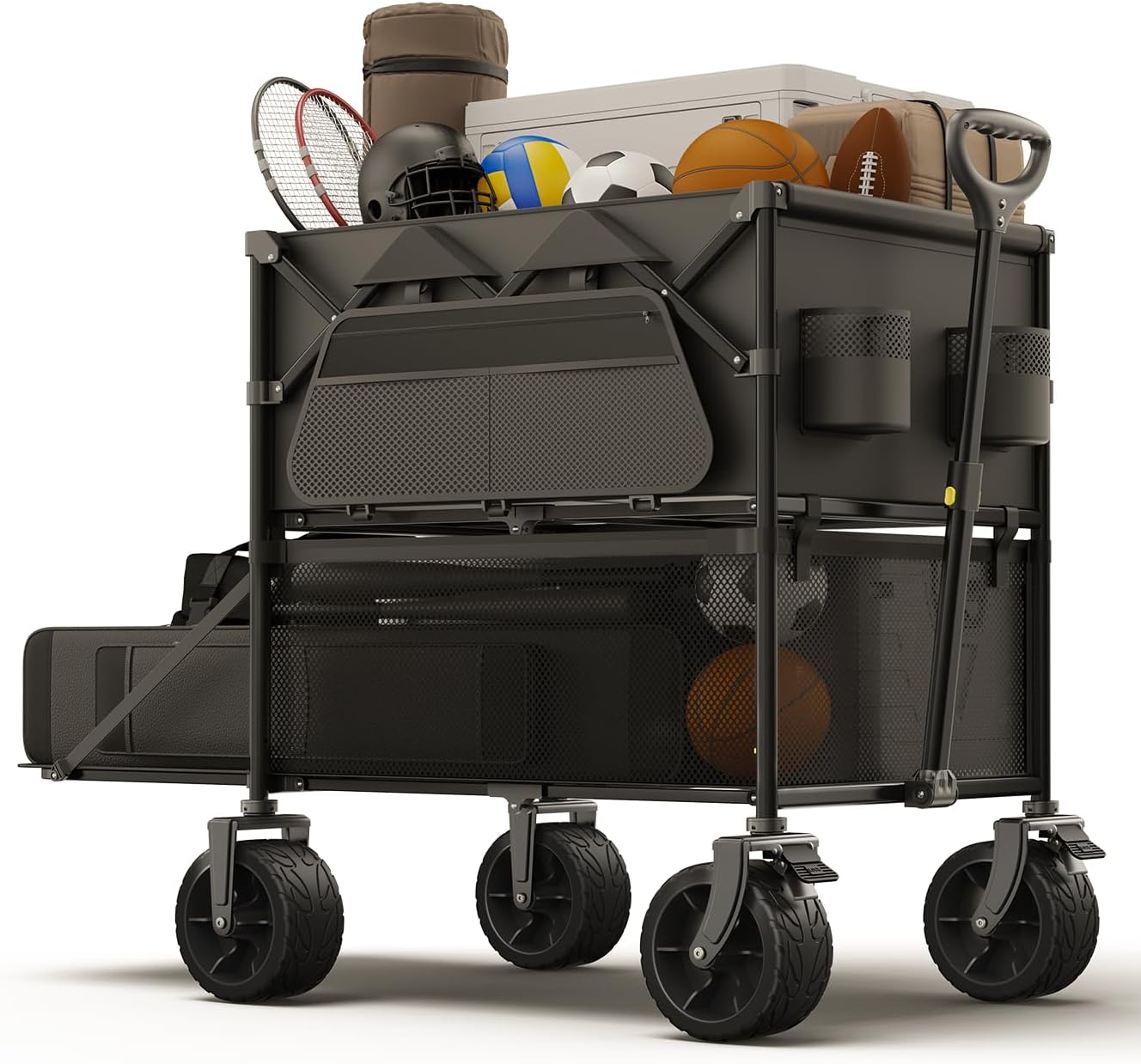 Foldable Wagon Cart,Everyfun 480Lbs Double Decker Wagon,Beach Carts with Big Wheels&Side Pocket&Dustbag,Large Capacity Folding Wagon for Shopping,Garden,Camping,Fish,New Wave Sports Wagon-Ink Black