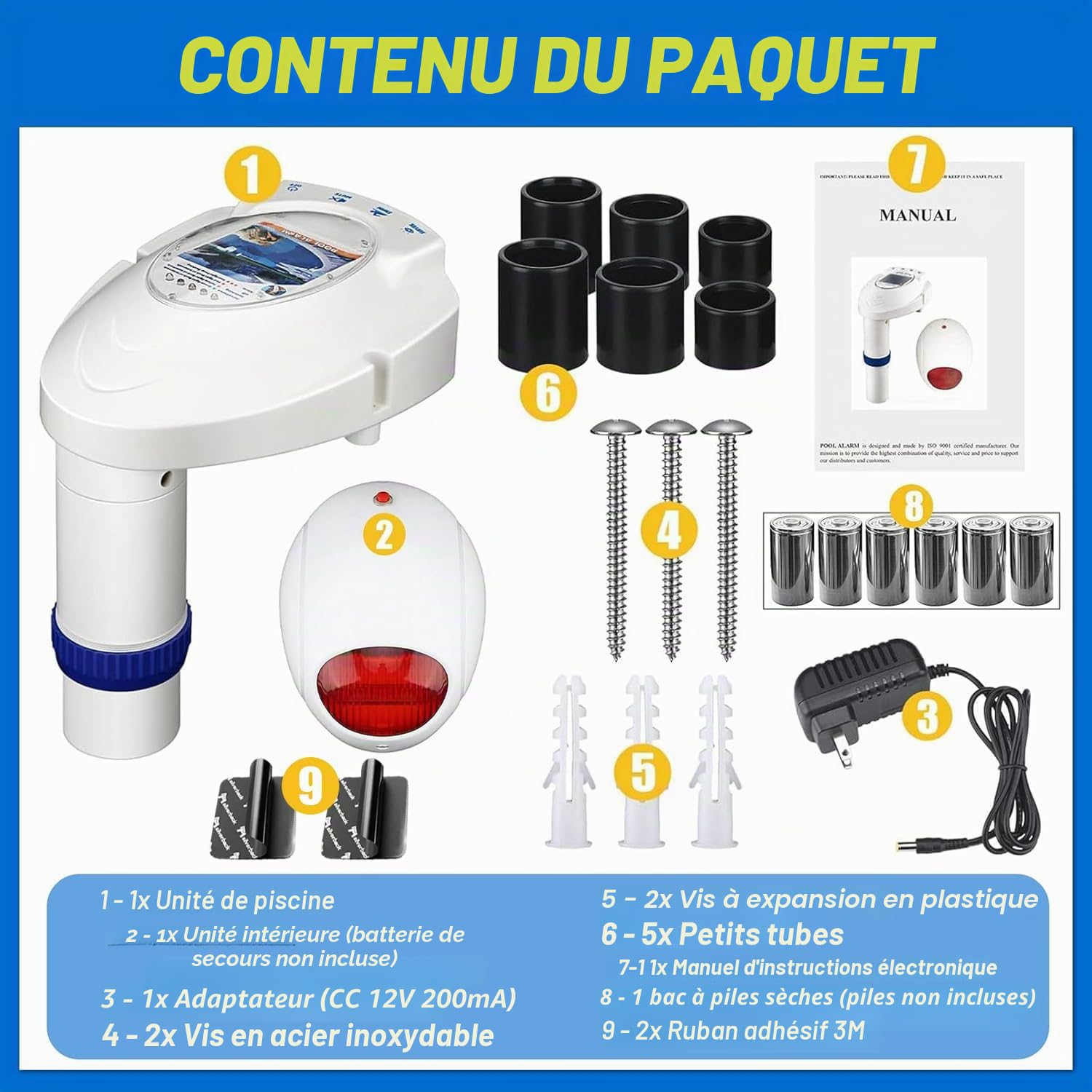 Alarme de Piscine avec récepteur à Distance, système de Surveillance des noyades sous-Marines, Alimentation par Piles, alarmes de Piscine pour piscines creusées et Hors Sol, Protection de sécurité