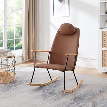 Adjustable Headrest Pillow Upholstered Rocking Chair with High Backrest and Armrests, Modern Comfy Accent Rocking Chair for Bedroom, Living Room, and Nursery Brown+Leather Upholstered