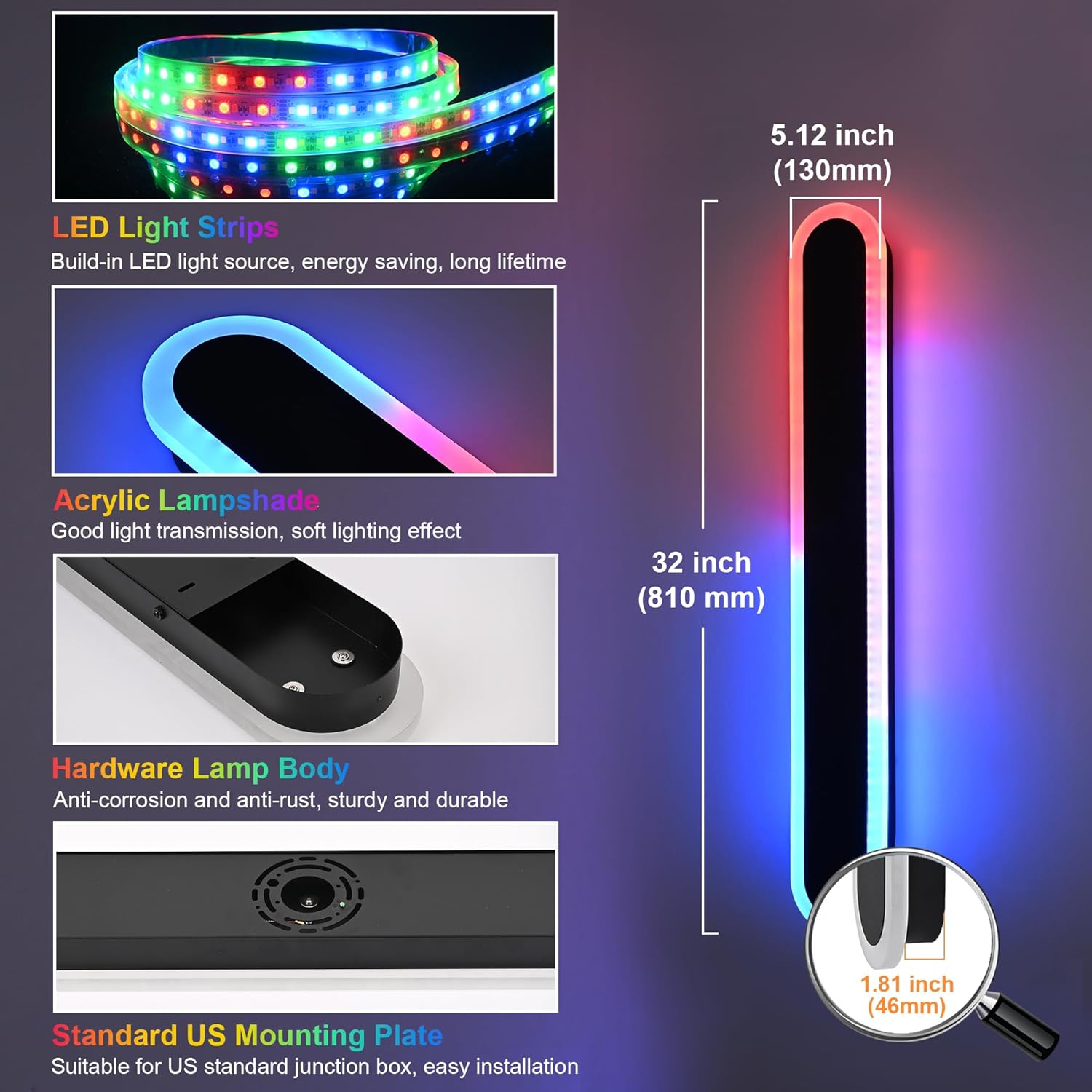 TODOLUZ 2-Pack 32-Inch RGB Outdoor Wall Light Fixture, IP65 Waterproof 21W Dimmable LED Linear Exterior Wall-Mounted Lamp with Remote Control for Gaming Room Garage Porch
