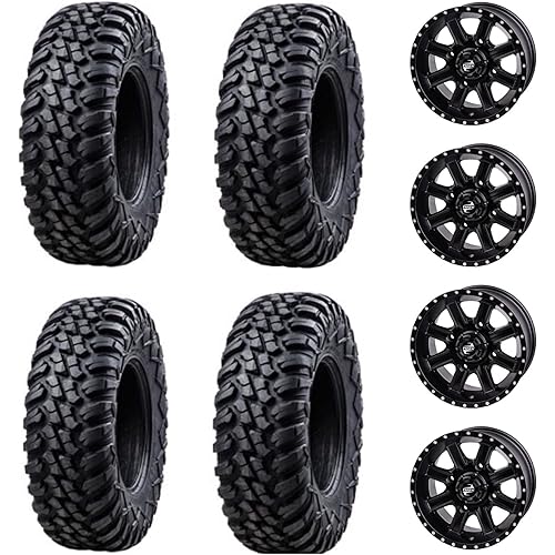 Four 30x10-14 Tusk TERRABITE Heavy Duty 8-Ply Radial UTV Tires mounted on Tusk CASCADE Wheels - For POLARIS applications - 4/156 bolt pattern - Includes Lug Nuts (4+3 Offset, Matte Black)