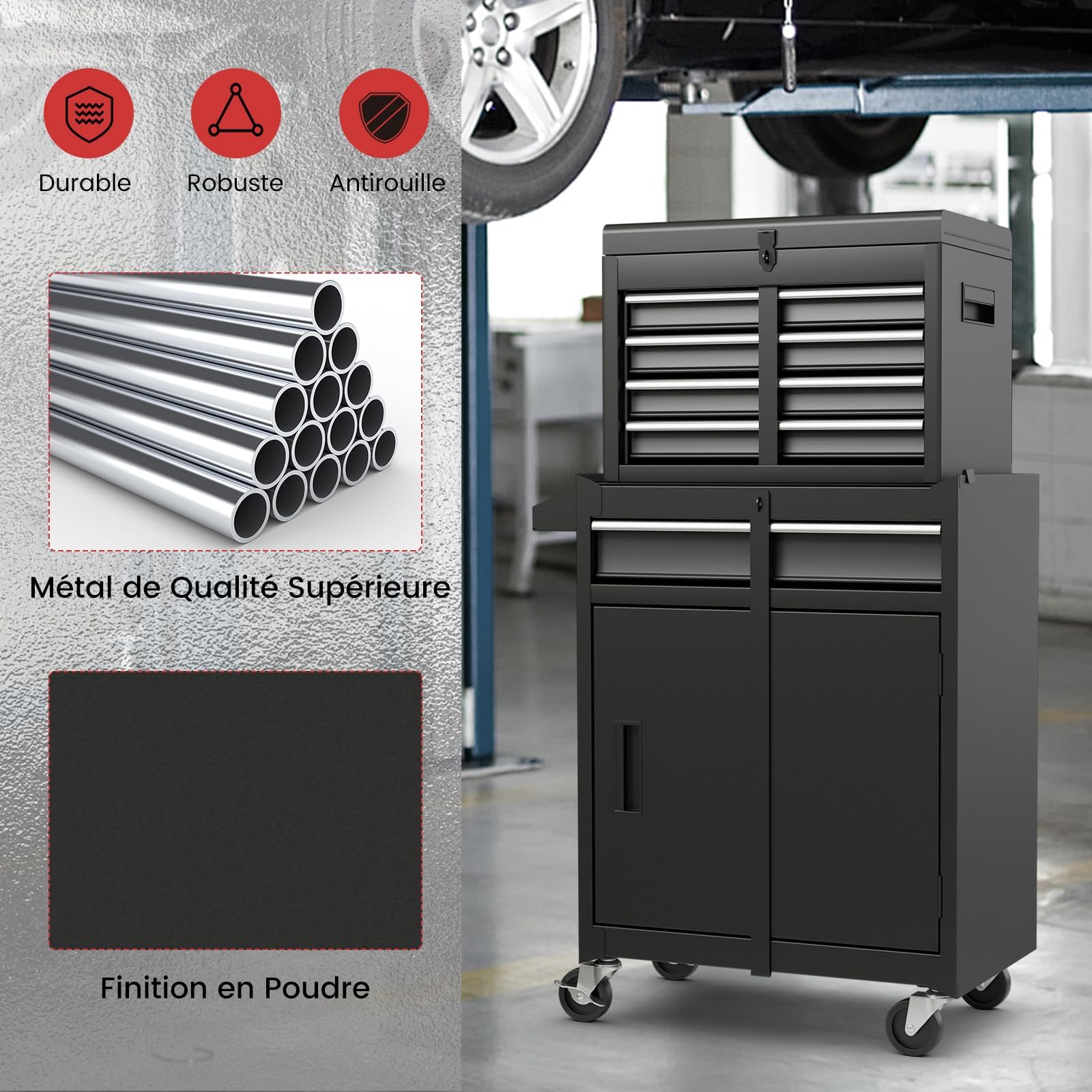 GYMAX Servante d'Atelier Outils, Coffre Amovible, 5 Tiroirs, 2 Grande Étagère, Caisse à Outil Roulante, Chariot d’Atelier, 4 Roues Universelles(2 avec Freins), Établi pour Bricolage Automobile