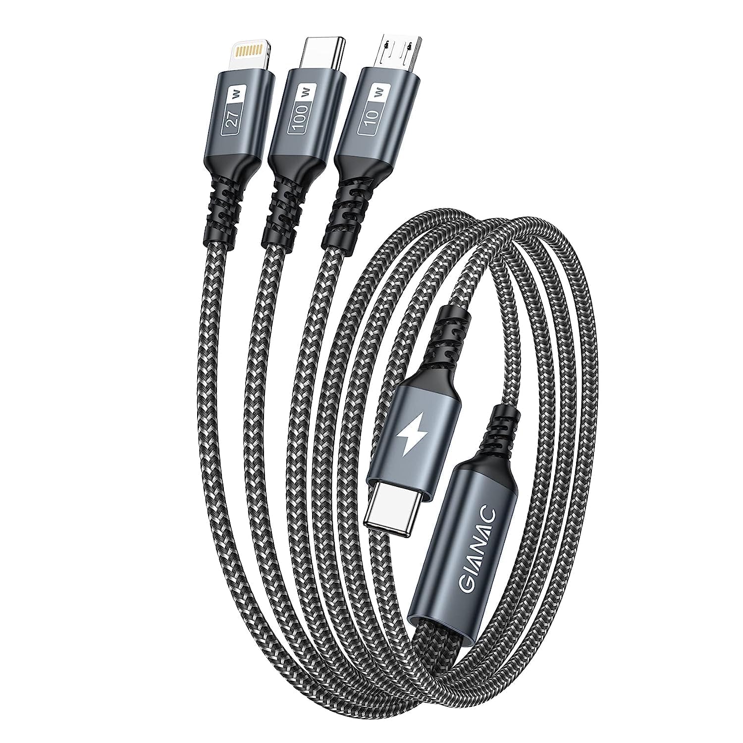 GIANAC 100W USB C auf Multi Kabel [1.2M] Schnellladekabel mit E-Mark Chip 3 in 1 Ladekabel [100W]+Micro[10W]+Lightning[27W] für Galaxy S23/iPad Pro, iPad Mini, MacBook Pro/Air/iPhone 15 14 13