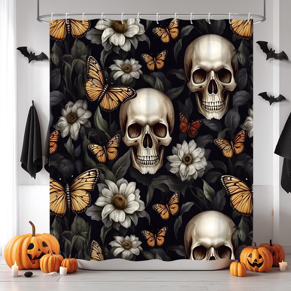 Halloween Skull Flower Shower Curtain Vintage Sugar Skull White Daisy Floral Butterfly Gothic Skeleton Day of The Dead Scary Black Tropical Plant Men Fabric Bathroom Decor Polyester with Hooks