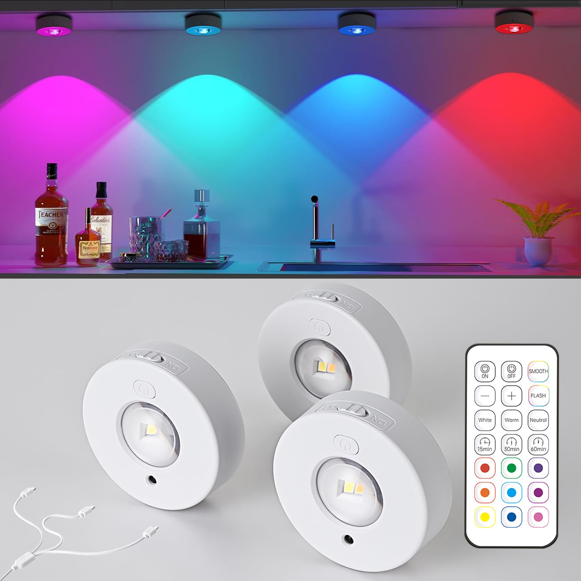 Paquete de 3 luces RGB inalámbricas para debajo del gabinete con función de temporizador, luz magnética regulable, luces de disco recargables con control remoto, luz LED táctil para cocina
