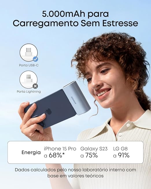 Mulher segurando um celular carregando com o Anker Nano, mostrando a autonomia para diferentes modelos de smartphone