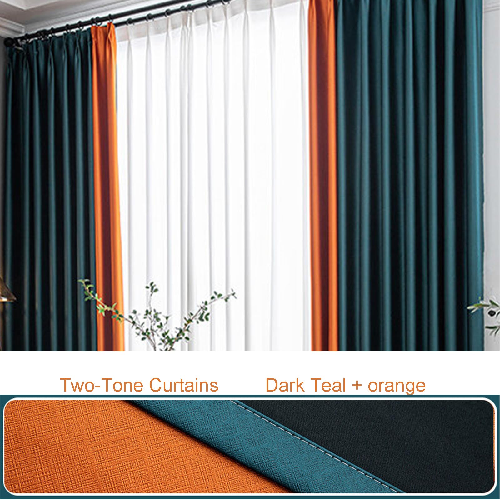Rideau Occultant,Largeur 240 x Hauteur 260 cm (2 Pièces),Dark-Teal Orange, Blackout Curtains Rideaux et Draperies Thermiques pour Separation de Piece Salon Chambre Decoration