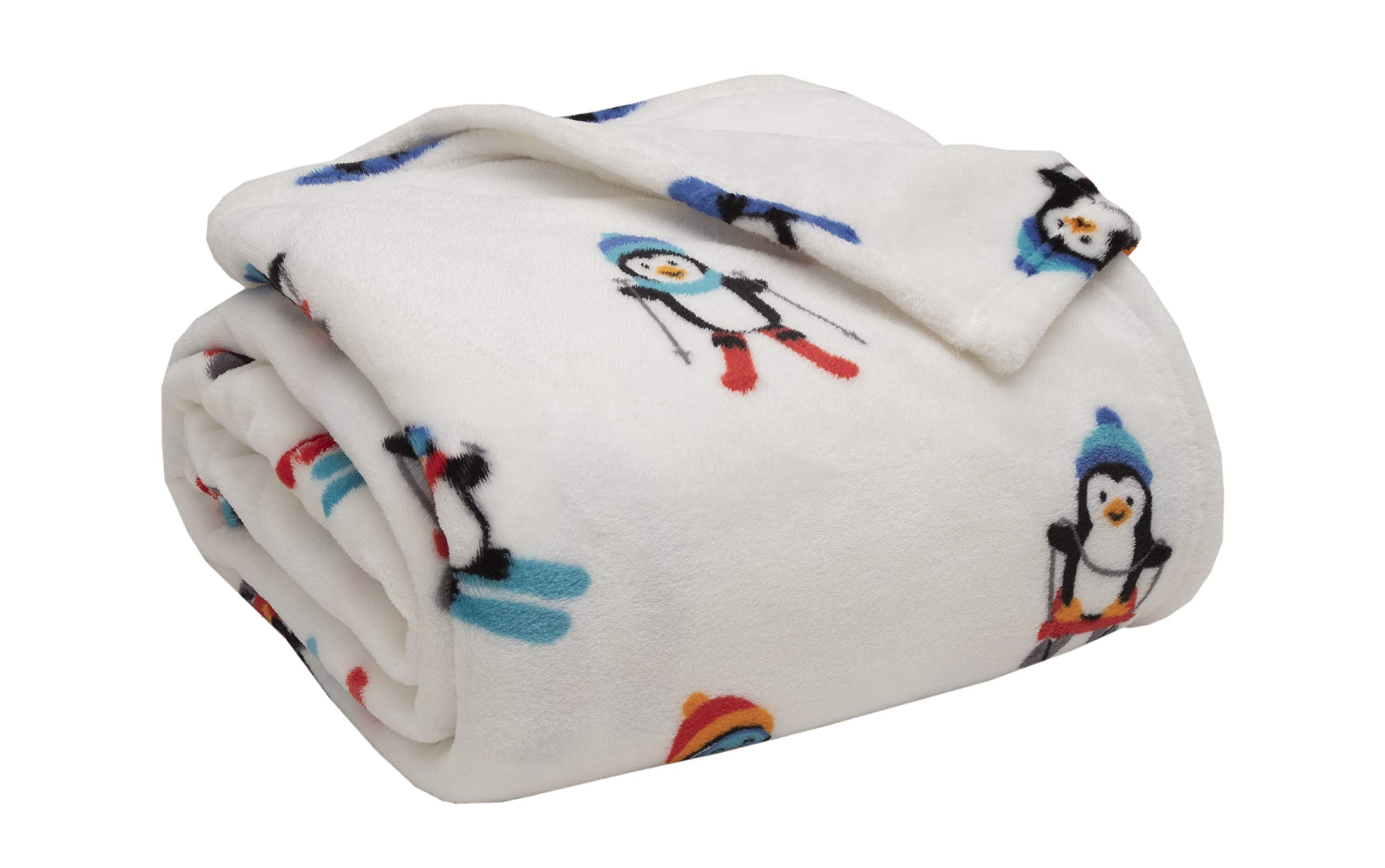 Elite Home Products Inc. Solid Printed Winter Nights Extra-Soft Holiday-Printed Plush Blanket, Alpine Penguin, Full/Queen
