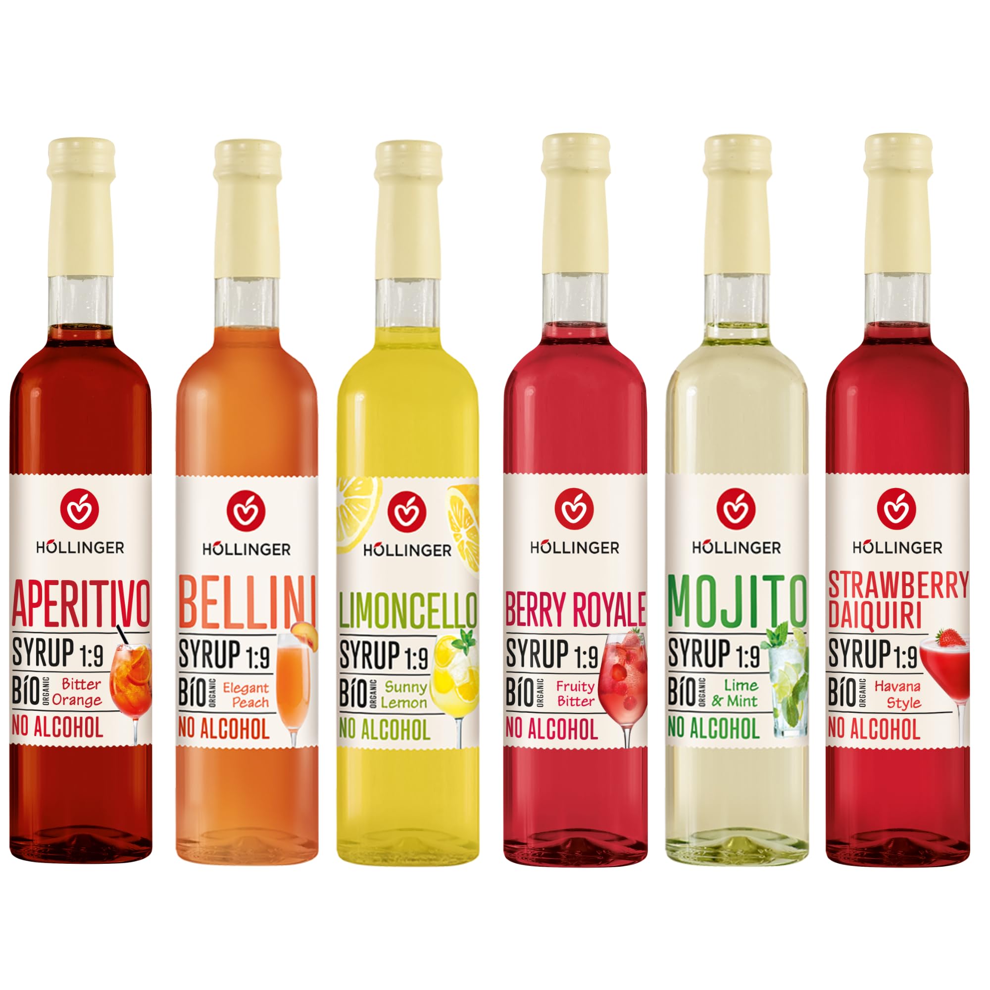 Höllinger Bio Cocktail Party Mixbox alkoholfrei, 6 Sorten Sirup in Glasflaschen, Mojito, Aperitivo, Limoncello, Bellini, Berry Royale & Strawberry Daiquiri, vegan, 6 x 0,5 l