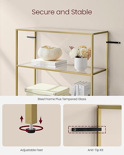 Miniatura 6 de VASAGLE Librería, estantería de 6 niveles, estantería delgada para dormitorio, baño, oficina en casa, vidrio templado, marco de acero, oro metálico