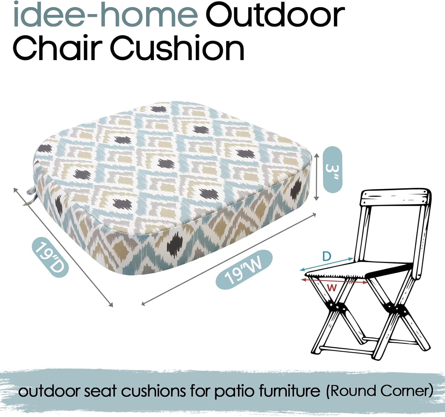 idee-home Outdoor Chair Cushions Set of 4, 19" x 19" x 3" Thick D-Shaped Patio Furniture Outdoor Seat Cushions Waterproof with Ties, Dining Pads