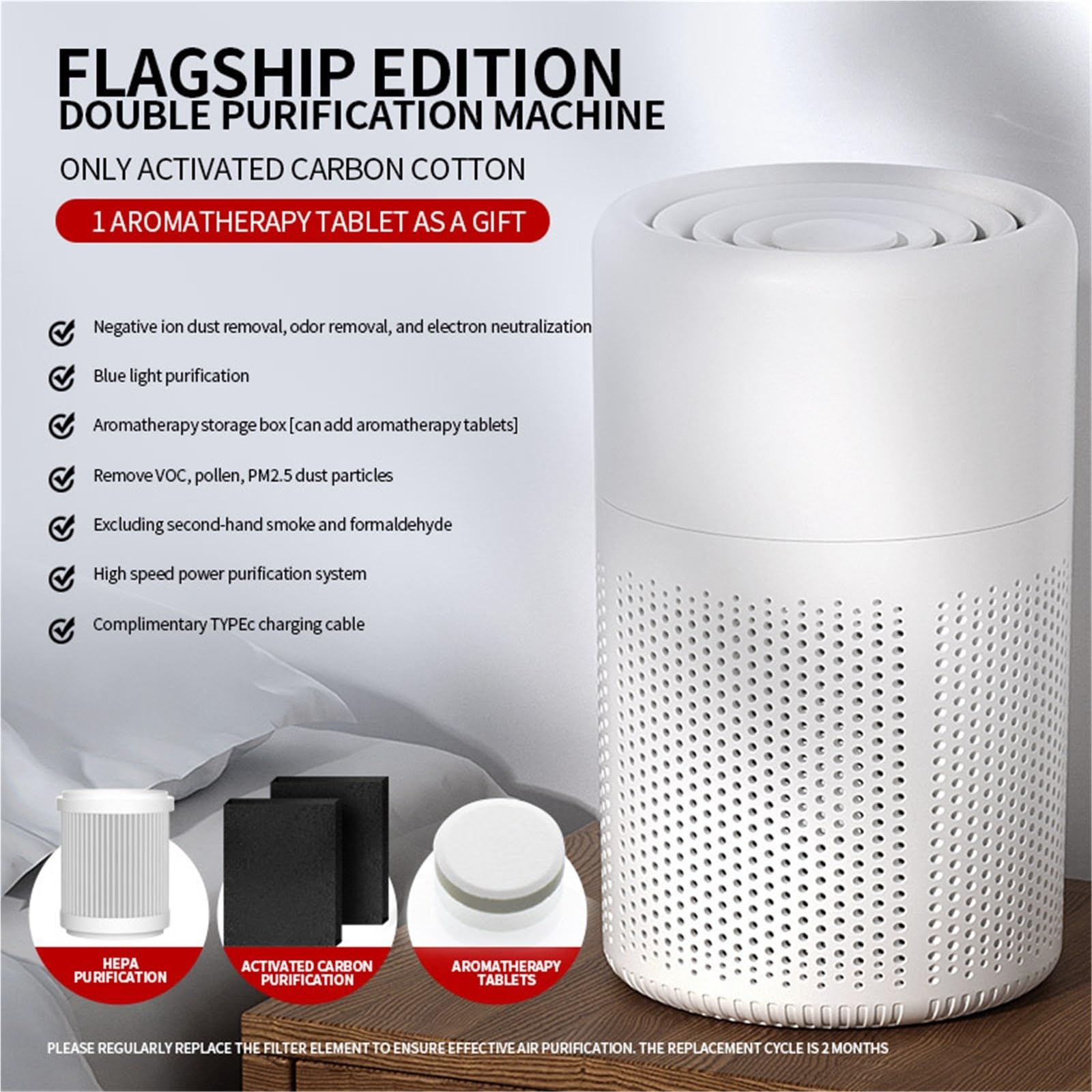 Mini purificatore d'aria, filtro HEPA e carbone attivo per scrivania di casa, rimuove fumo, polvere, polline, odori di peli di animali domestici, alimentato tramite USB, silenzioso, per camera da